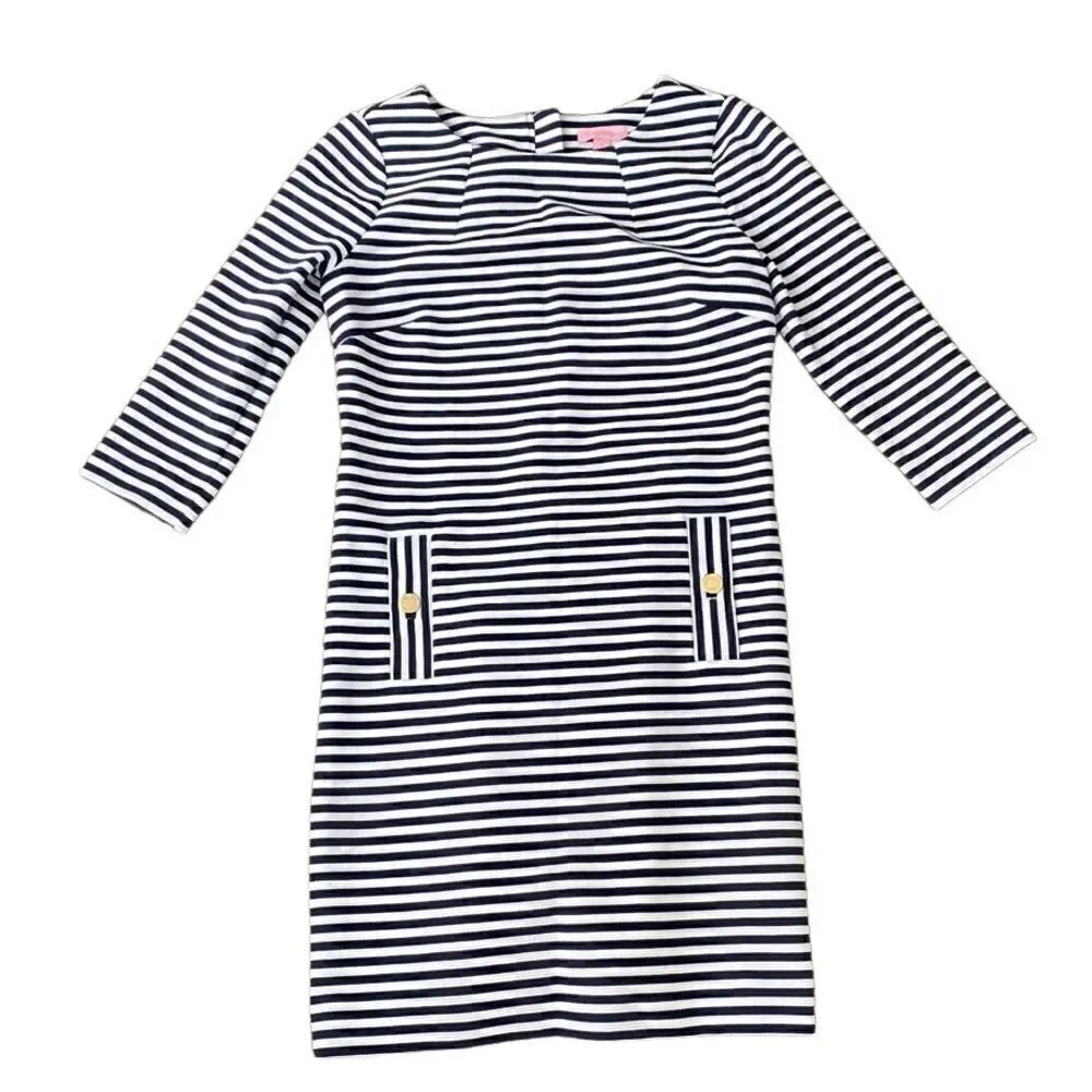 Lilly Pulitzer Charlene Mini Shift Dress Size Small Navy Stripe 3/4 Sleeves